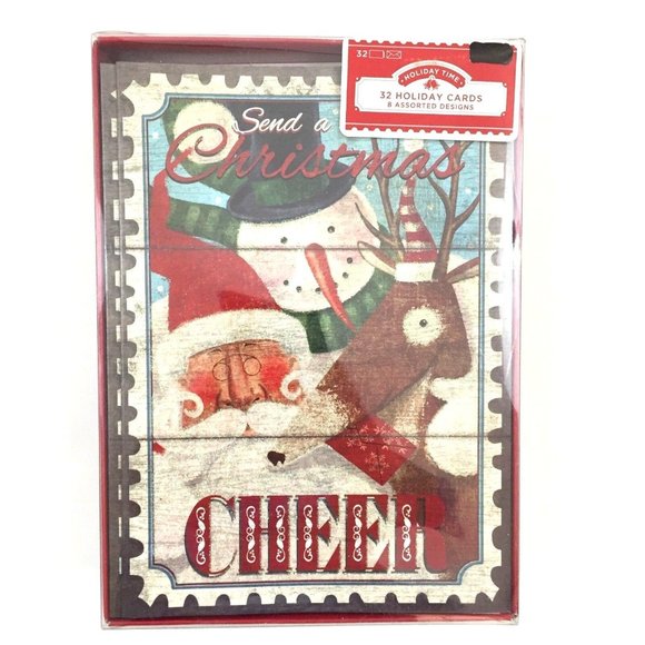 Christmas Holiday Cards Box of 32 With Envelopes 8 Designs Santa Snowman Tree - Picture 1 of 5